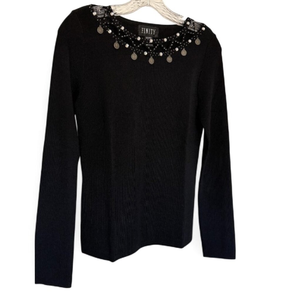 Finity BEADED TOP Black Knit Embellishments Rhinestone Coins BOHO Festival
